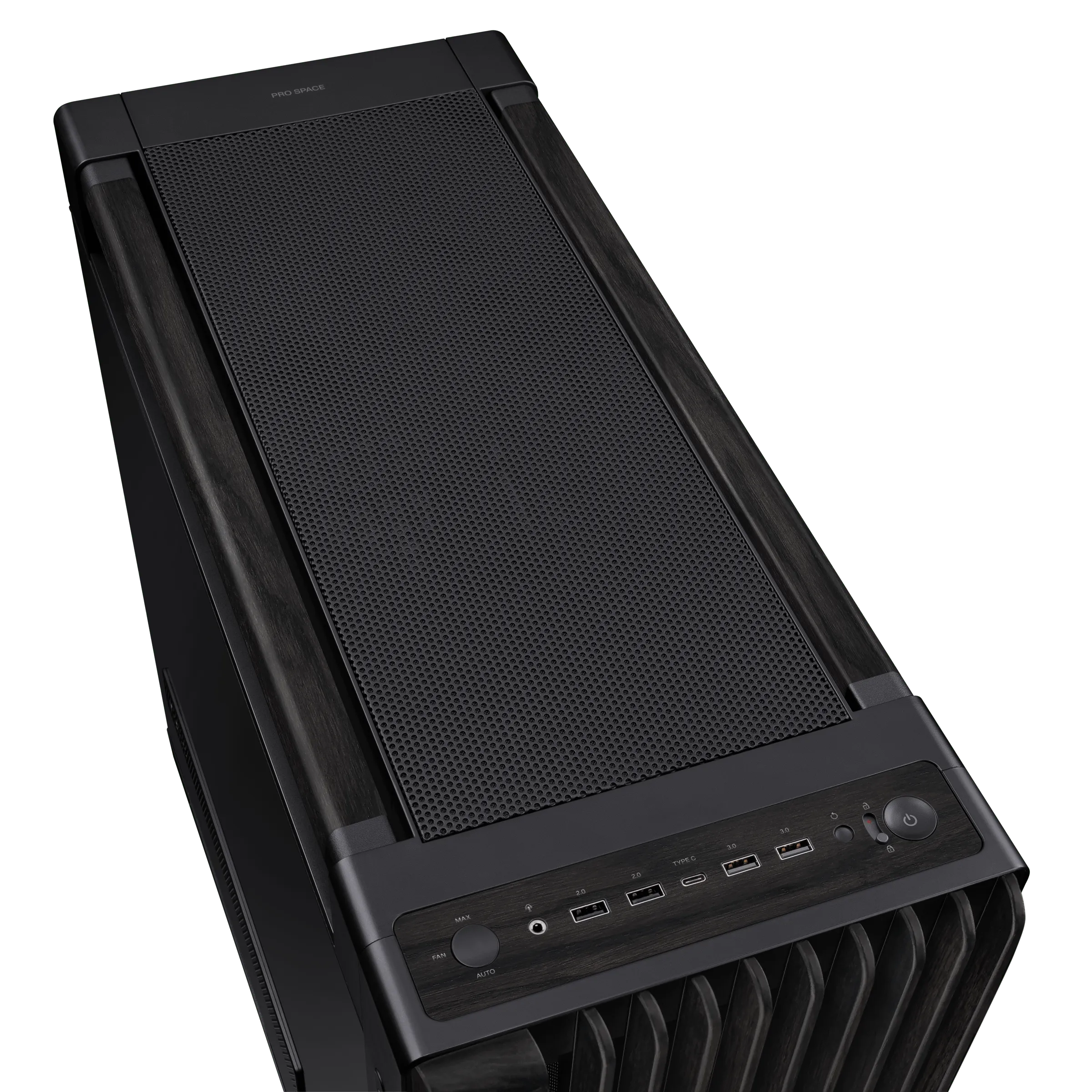ProArt PA602 Wood Edition TG_ top view of I/O and wooden handle tilted 45 degree